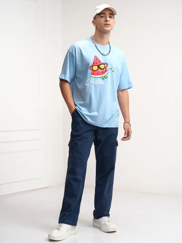 Highlander Men Blue Printed Round Neck Oversized Fit T-Shirt