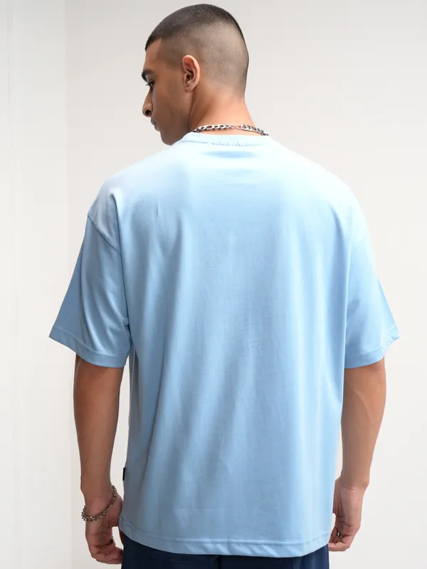 Highlander Men Blue Printed Round Neck Oversized Fit T-Shirt