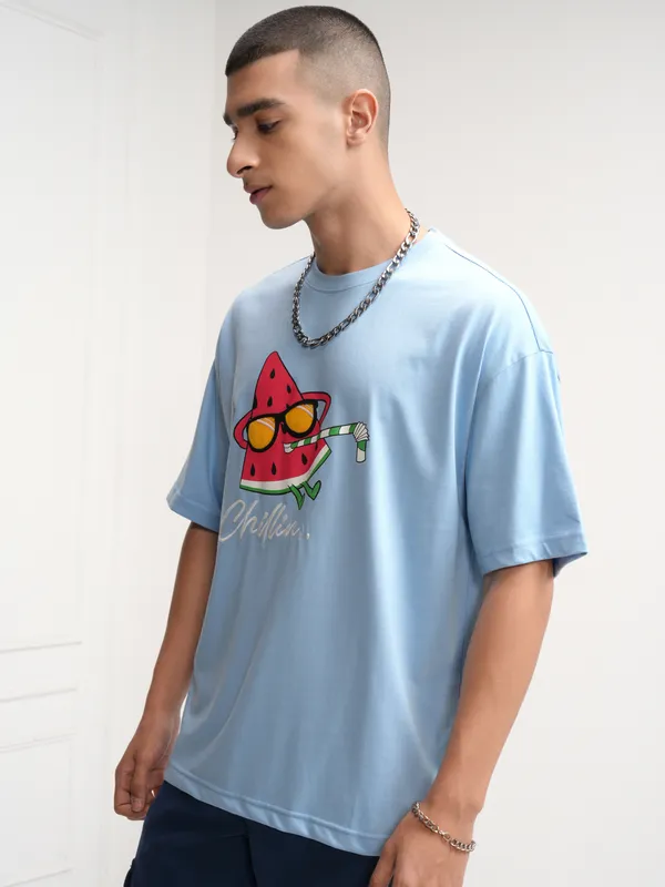 Highlander Men Blue Printed Round Neck Oversized Fit T-Shirt