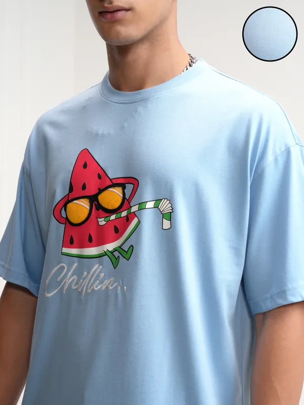 Highlander Men Blue Printed Round Neck Oversized Fit T-Shirt