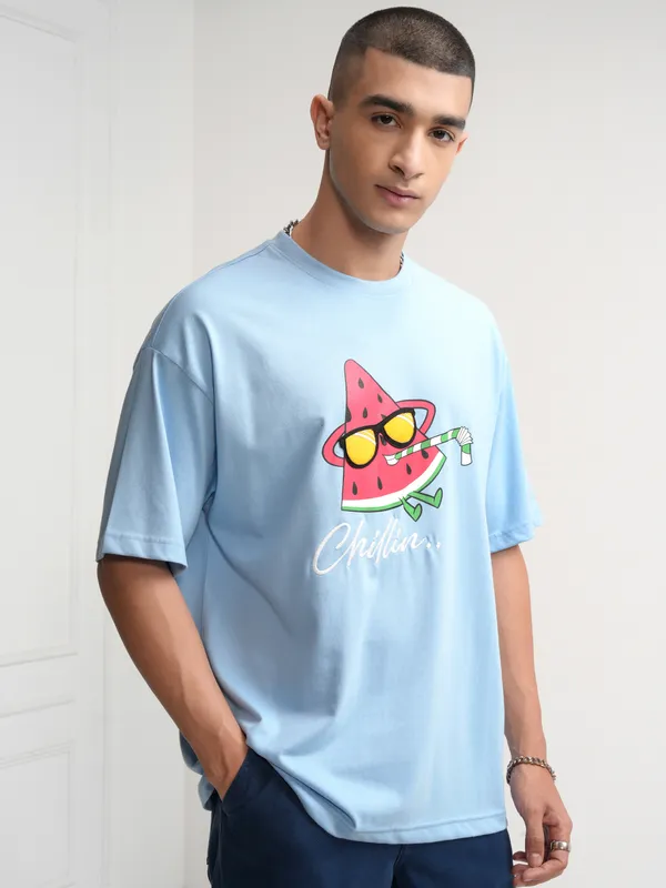 Highlander Men Blue Printed Round Neck Oversized Fit T-Shirt