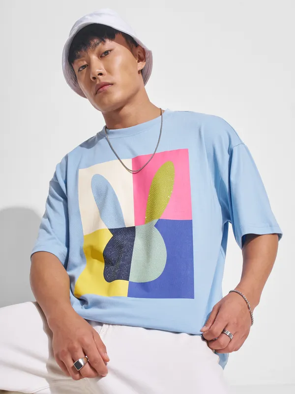 Highlander Men Blue Printed Round Neck Oversized Fit T-Shirt