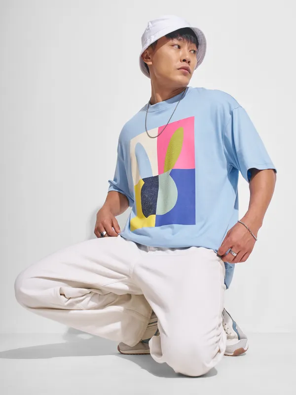 Highlander Men Blue Printed Round Neck Oversized Fit T-Shirt