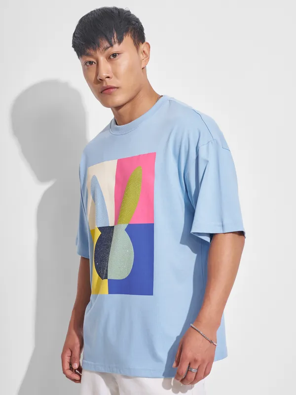 Highlander Men Blue Printed Round Neck Oversized Fit T-Shirt