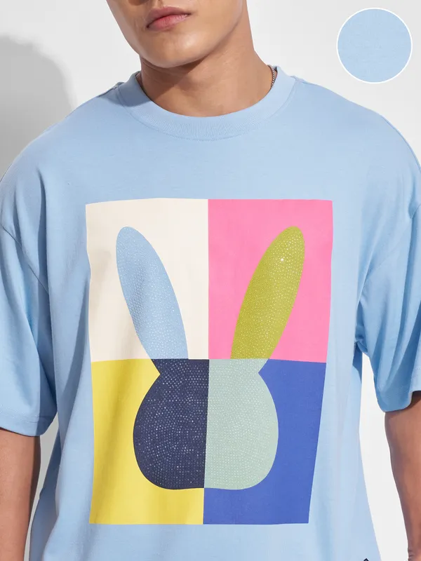 Highlander Men Blue Printed Round Neck Oversized Fit T-Shirt