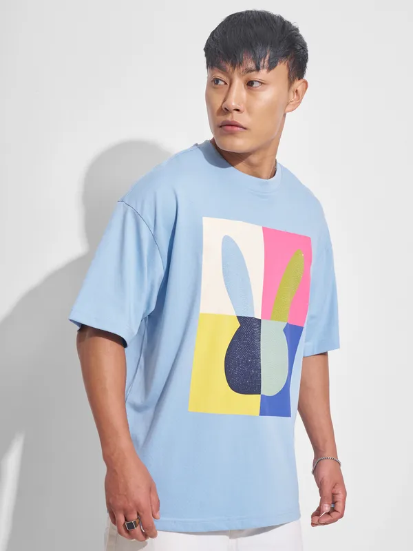 Highlander Men Blue Printed Round Neck Oversized Fit T-Shirt