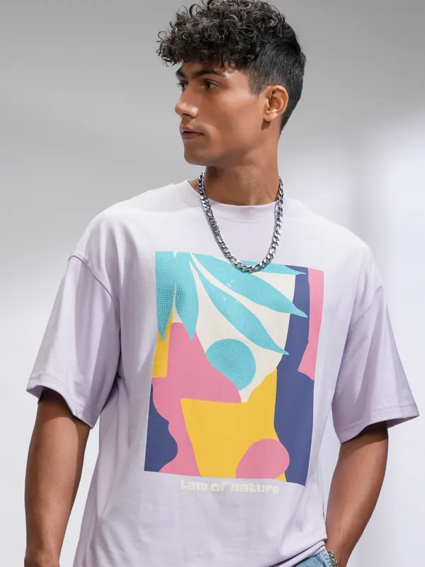 Highlander Men Mauve Printed Round Neck Oversized Fit T-Shirt