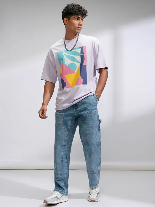 Highlander Men Mauve Printed Round Neck Oversized Fit T-Shirt