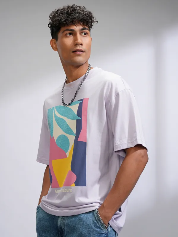 Highlander Men Mauve Printed Round Neck Oversized Fit T-Shirt