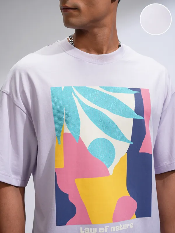 Highlander Men Mauve Printed Round Neck Oversized Fit T-Shirt