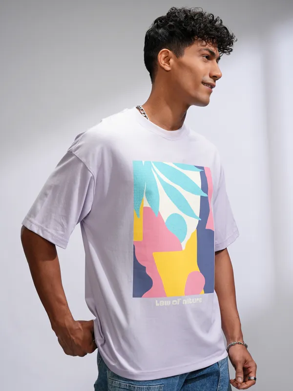 Highlander Men Mauve Printed Round Neck Oversized Fit T-Shirt