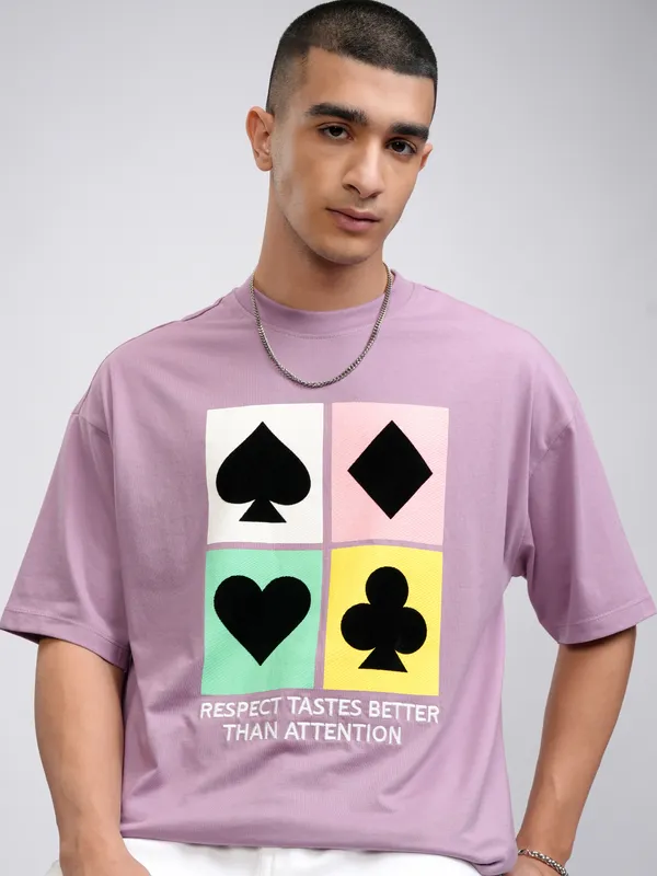 Highlander Men Lavender Printed Round Neck Oversized Fit T-Shirt