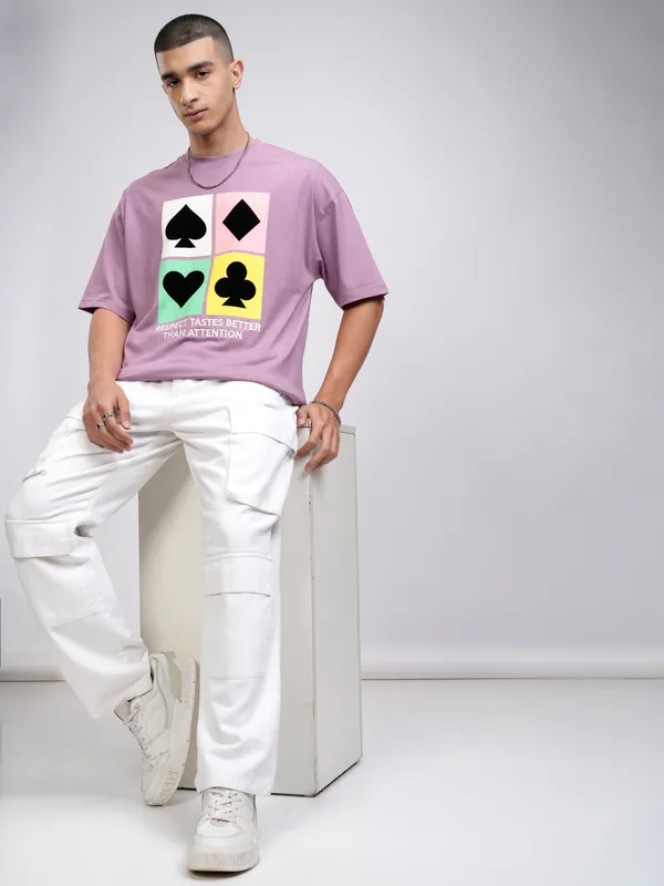 Highlander Men Lavender Printed Round Neck Oversized Fit T-Shirt