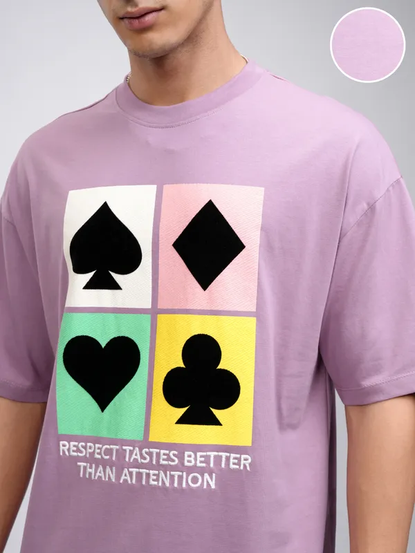 Highlander Men Lavender Printed Round Neck Oversized Fit T-Shirt