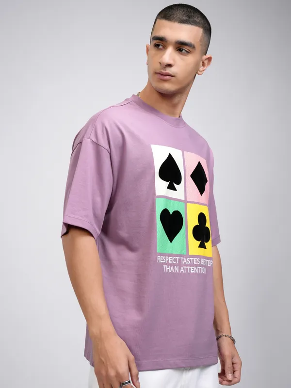 Highlander Men Lavender Printed Round Neck Oversized Fit T-Shirt
