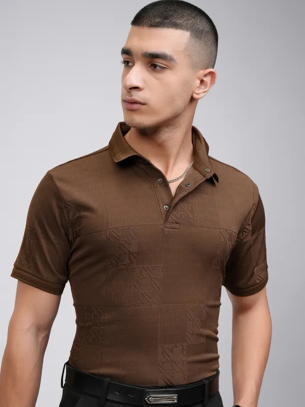 Highlander Men Brown Self Design Polo Collar T-Shirt