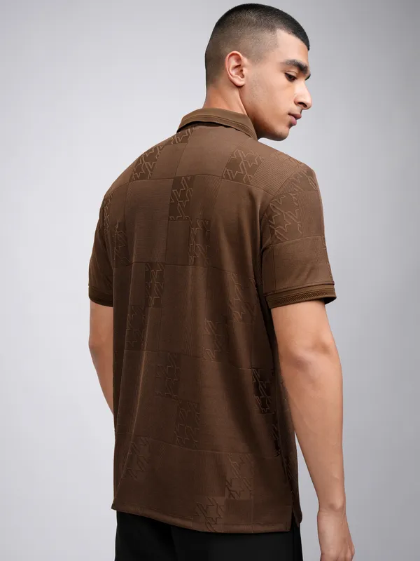 Highlander Men Brown Self Design Polo Collar T-Shirt