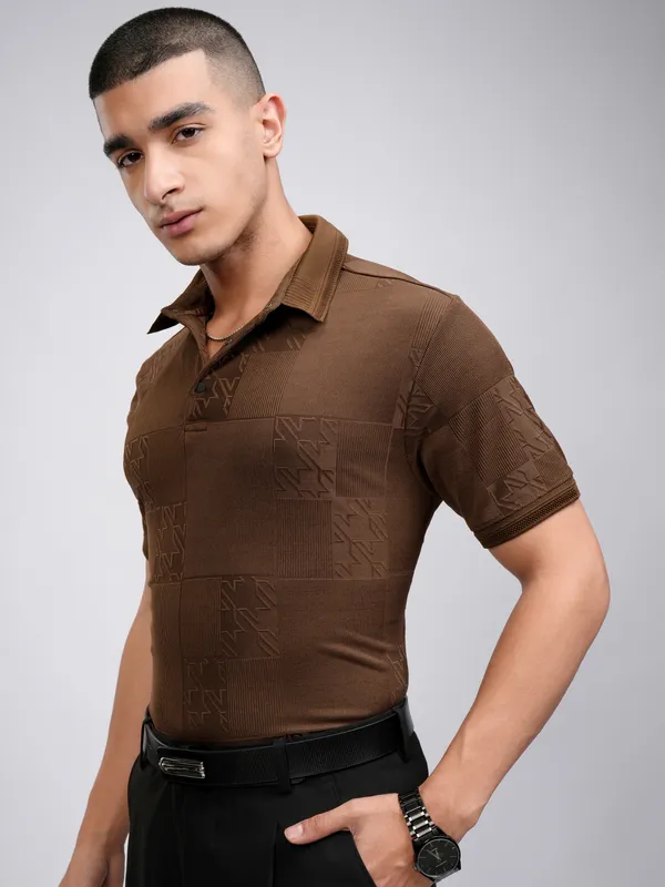 Highlander Men Brown Self Design Polo Collar T-Shirt