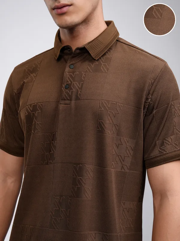 Highlander Men Brown Self Design Polo Collar T-Shirt