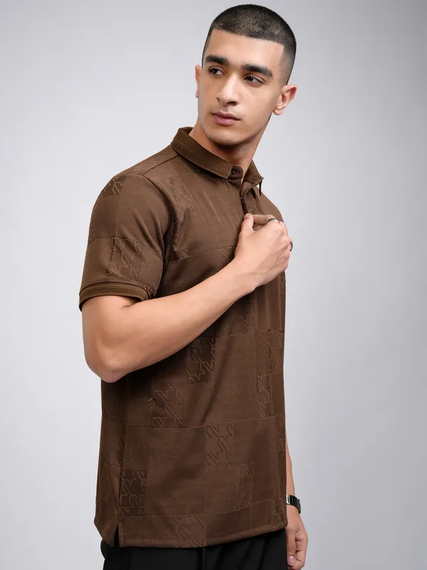 Highlander Men Brown Self Design Polo Collar T-Shirt