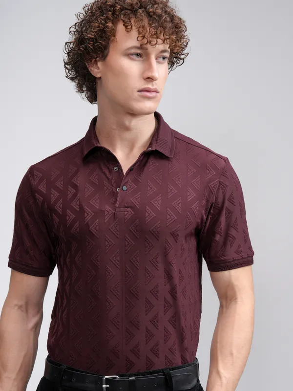Highlander Men Maroon Self Design Polo Collar T-Shirt
