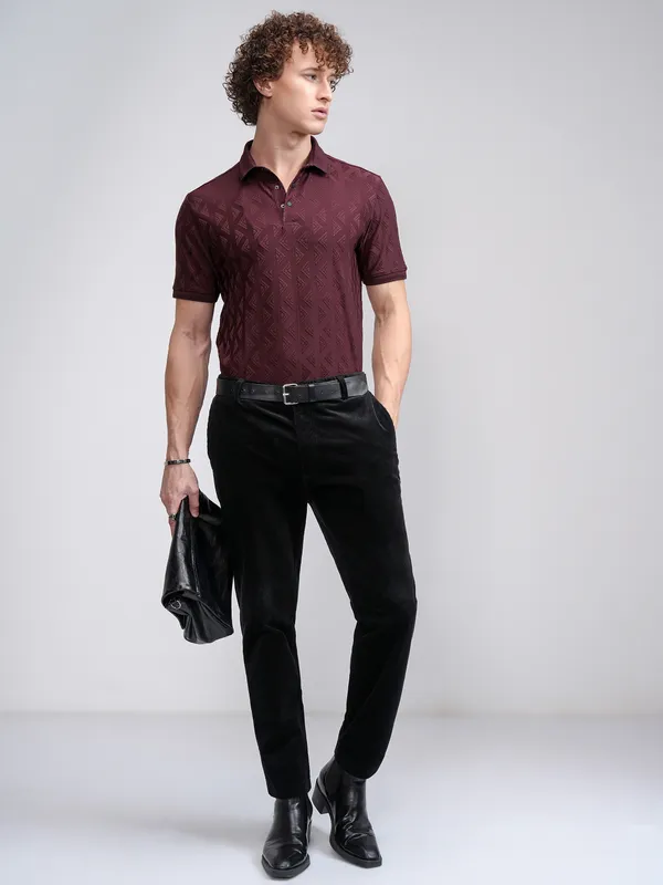 Highlander Men Maroon Self Design Polo Collar T-Shirt