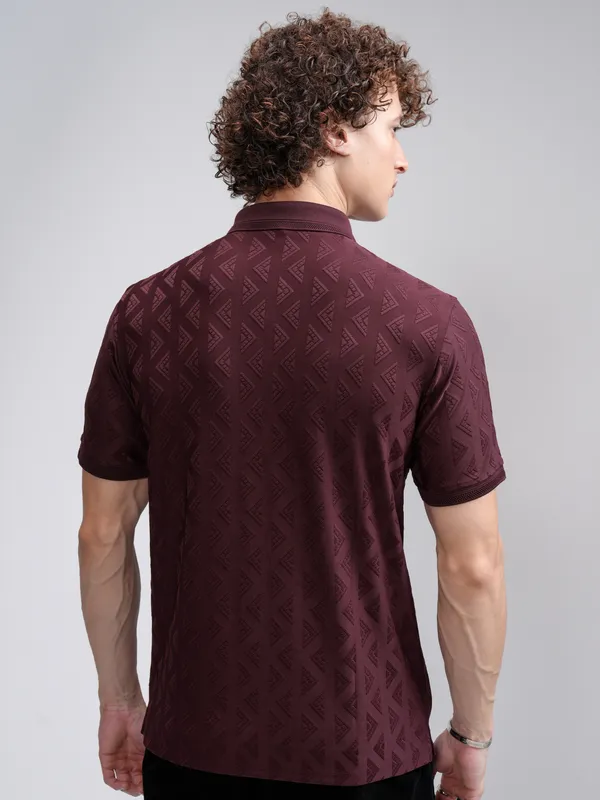 Highlander Men Maroon Self Design Polo Collar T-Shirt