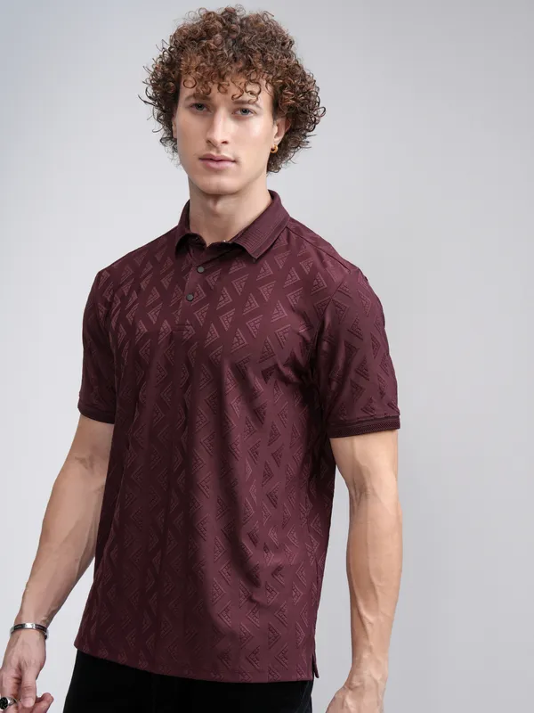 Highlander Men Maroon Self Design Polo Collar T-Shirt