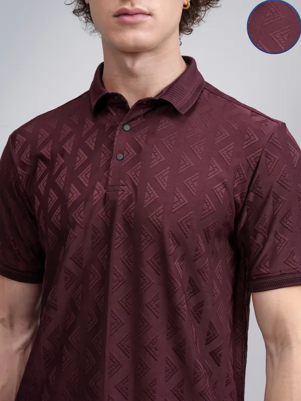 Highlander Men Maroon Self Design Polo Collar T-Shirt