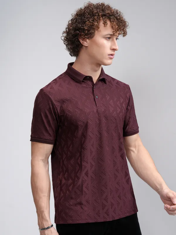 Highlander Men Maroon Self Design Polo Collar T-Shirt