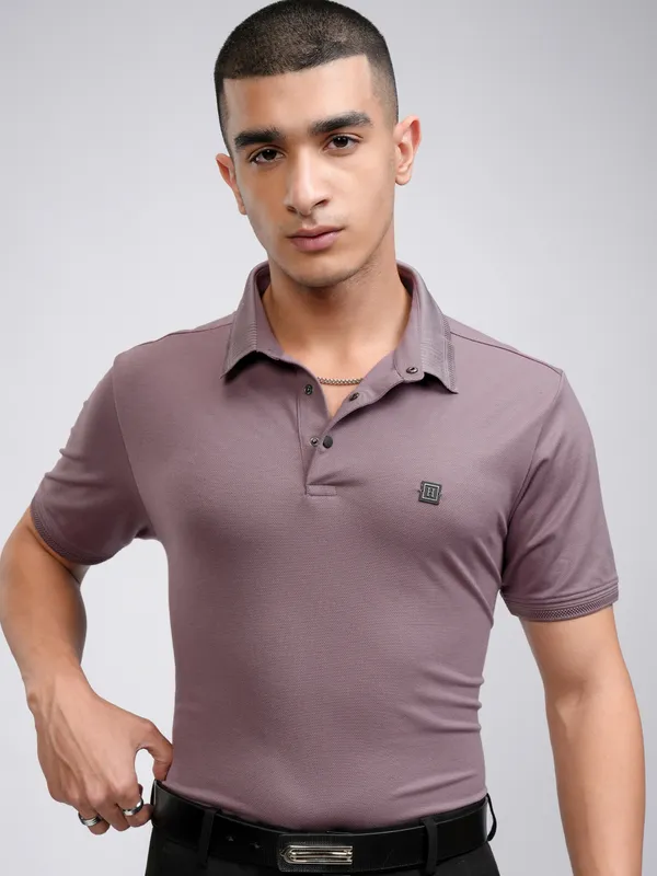 Highlander Men Mauve Solid Polo Collar T-Shirt