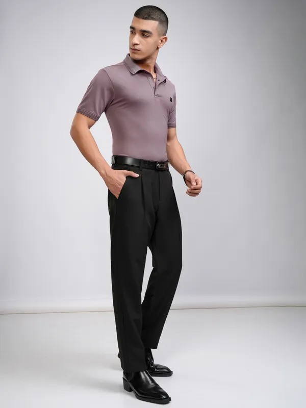 Highlander Men Mauve Solid Polo Collar T-Shirt