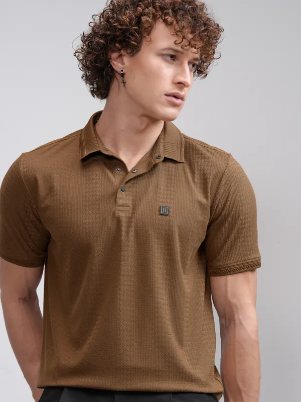 Highlander Men Khaki Self Design Polo Collar T-Shirt