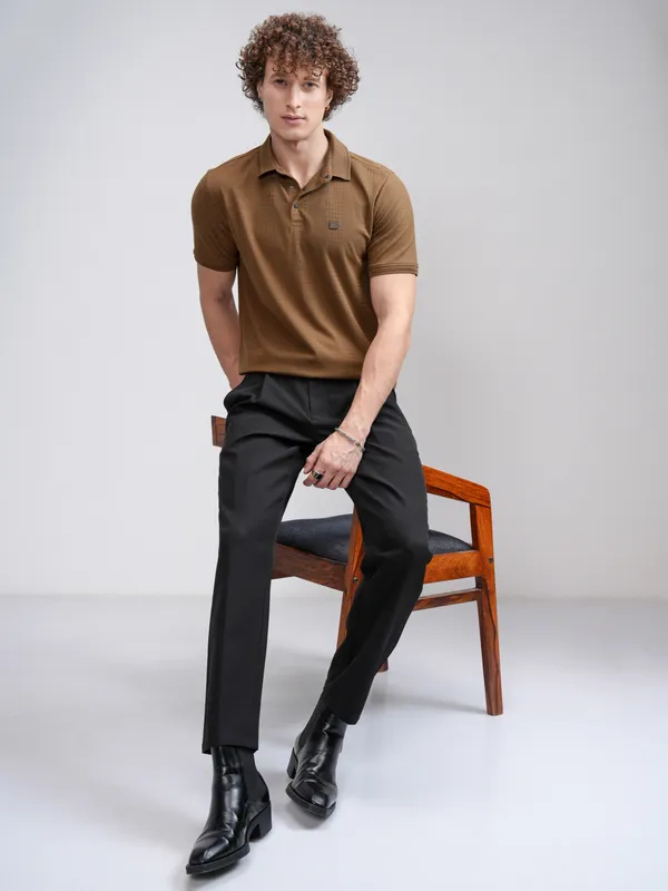 Highlander Men Khaki Self Design Polo Collar T-Shirt