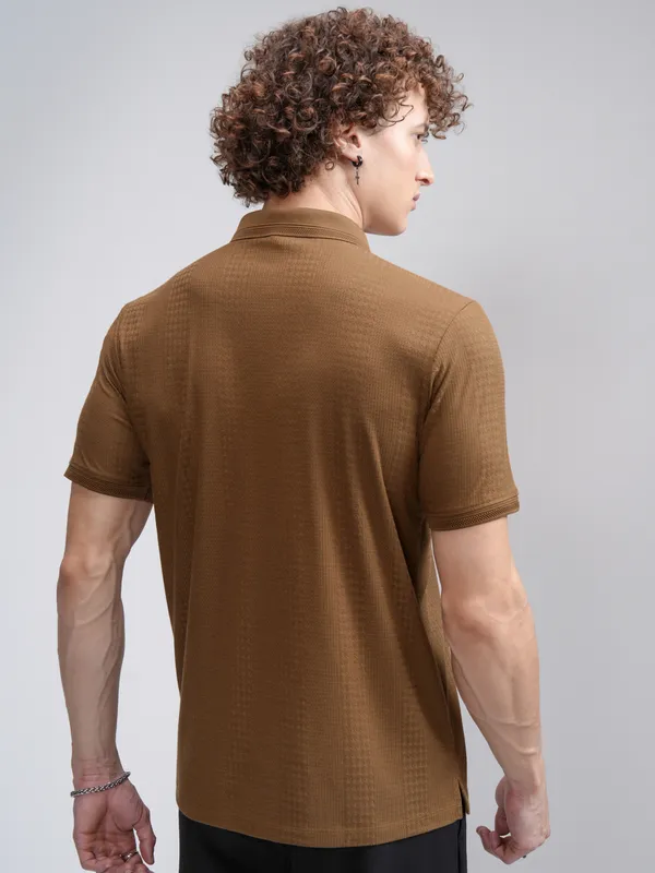 Highlander Men Khaki Self Design Polo Collar T-Shirt