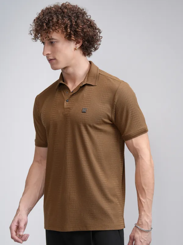 Highlander Men Khaki Self Design Polo Collar T-Shirt