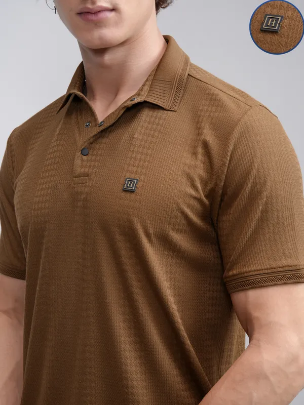 Highlander Men Khaki Self Design Polo Collar T-Shirt