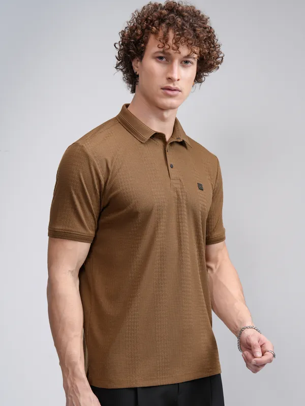 Highlander Men Khaki Self Design Polo Collar T-Shirt
