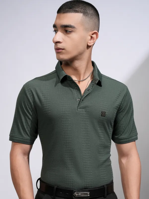 Highlander Men Green Self Design Polo Collar T-Shirt