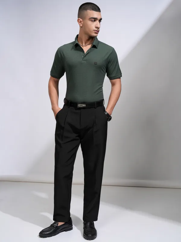 Highlander Men Green Self Design Polo Collar T-Shirt
