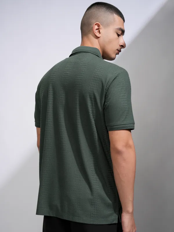 Highlander Men Green Self Design Polo Collar T-Shirt