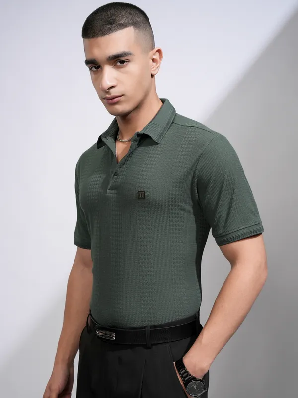 Highlander Men Green Self Design Polo Collar T-Shirt