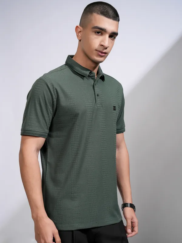 Highlander Men Green Self Design Polo Collar T-Shirt