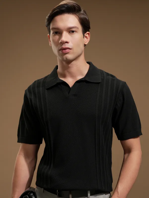 Highlander Men Black Self Design Polo Collar T-Shirt