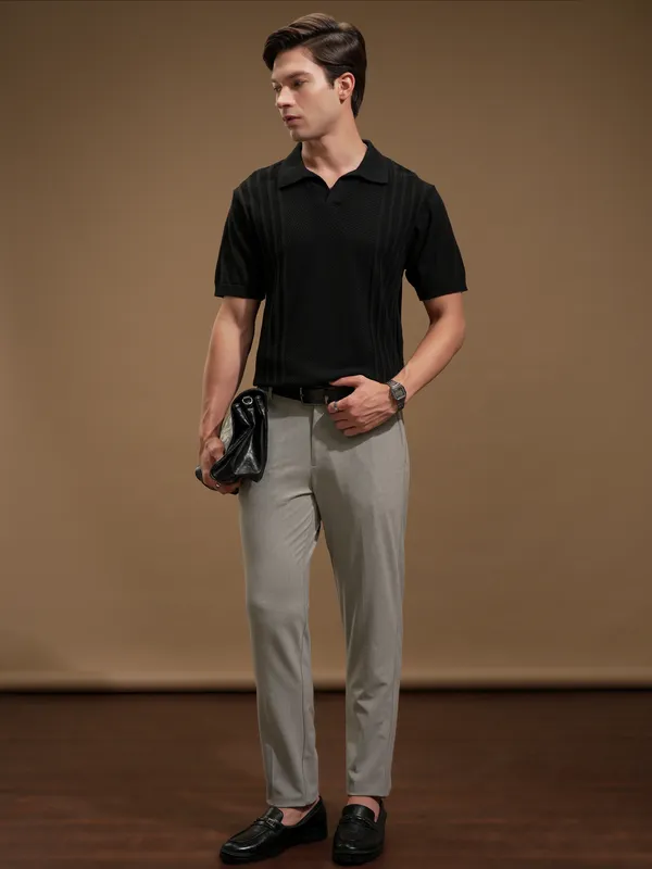 Highlander Men Black Self Design Polo Collar T-Shirt