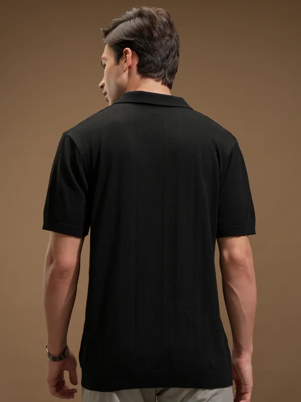 Highlander Men Black Self Design Polo Collar T-Shirt