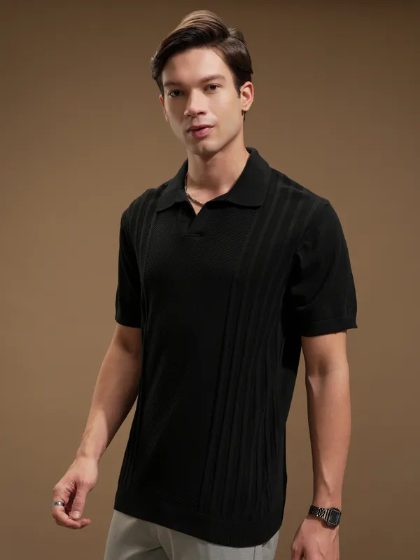 Highlander Men Black Self Design Polo Collar T-Shirt
