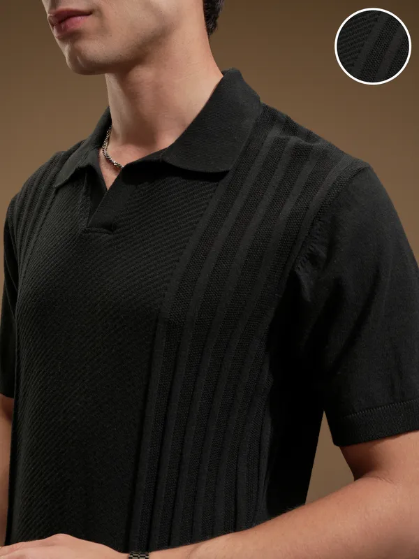 Highlander Men Black Self Design Polo Collar T-Shirt