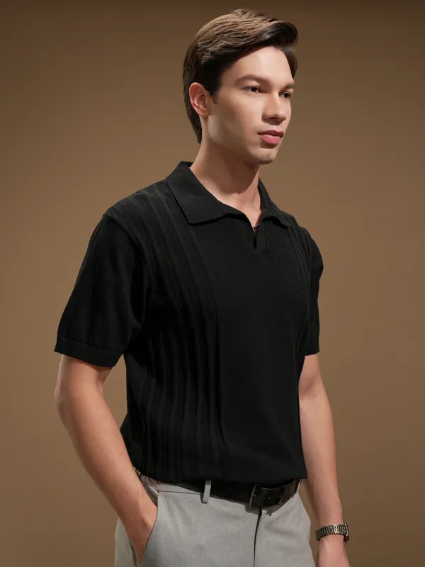 Highlander Men Black Self Design Polo Collar T-Shirt