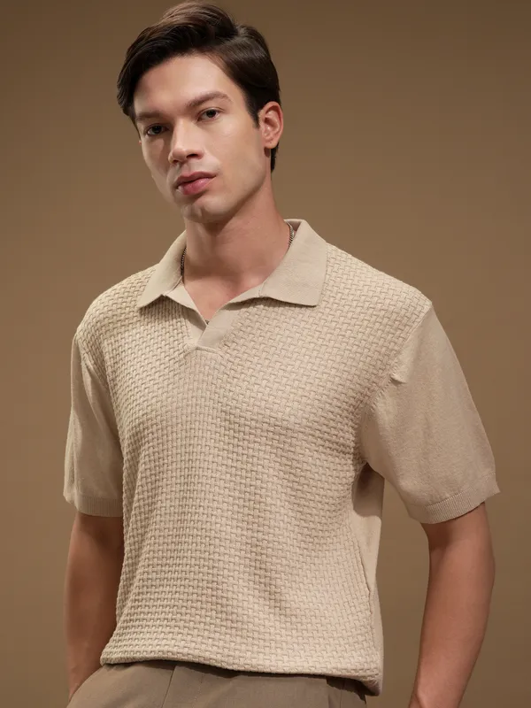 Highlander Men Beige Self Design Polo Collar T-Shirt